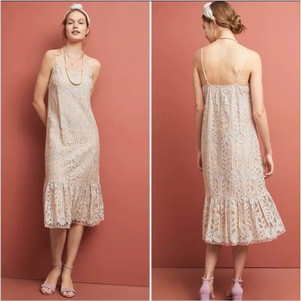 NWT Anthropologie Eri + Ali Nude And Blue Twilight Lace Peplum Midi Dress JB